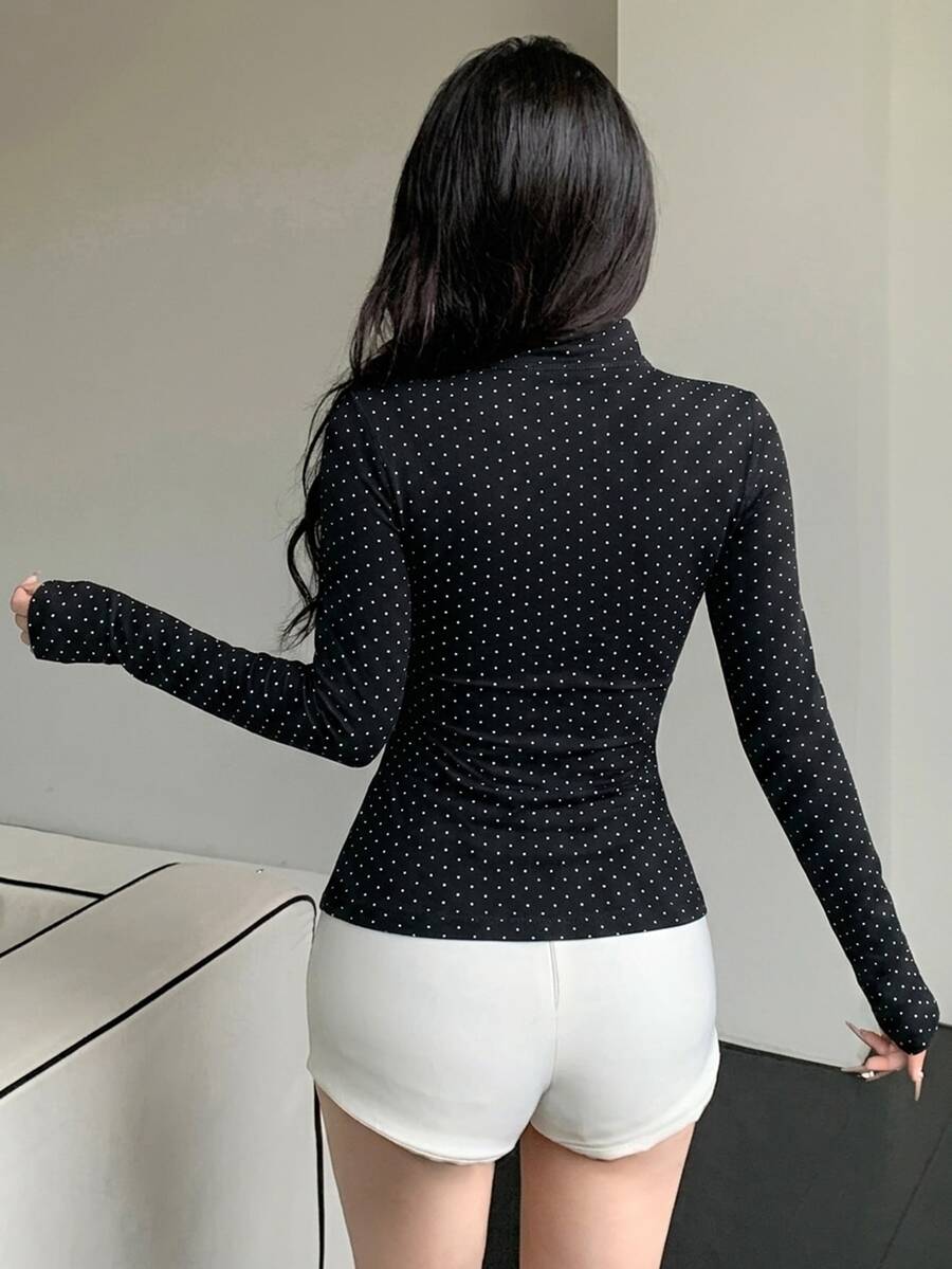 SHEIN Dazy Tall بلوزة نسائية بأكمام طويلة وأزرار أمامية ونقشة نقاط