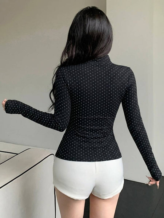 SHEIN Dazy Tall بلوزة نسائية بأكمام طويلة وأزرار أمامية ونقشة نقاط