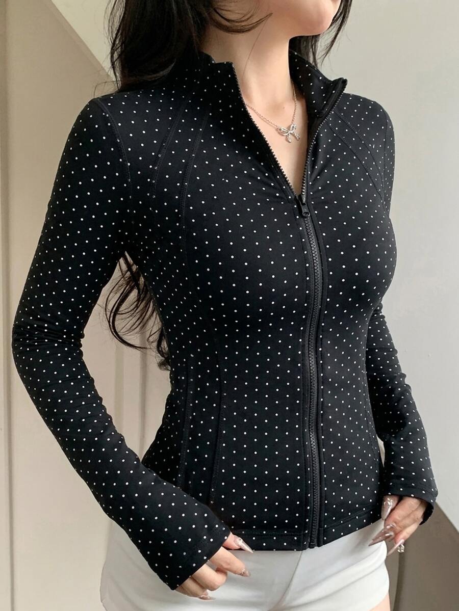 SHEIN Dazy Tall بلوزة نسائية بأكمام طويلة وأزرار أمامية ونقشة نقاط