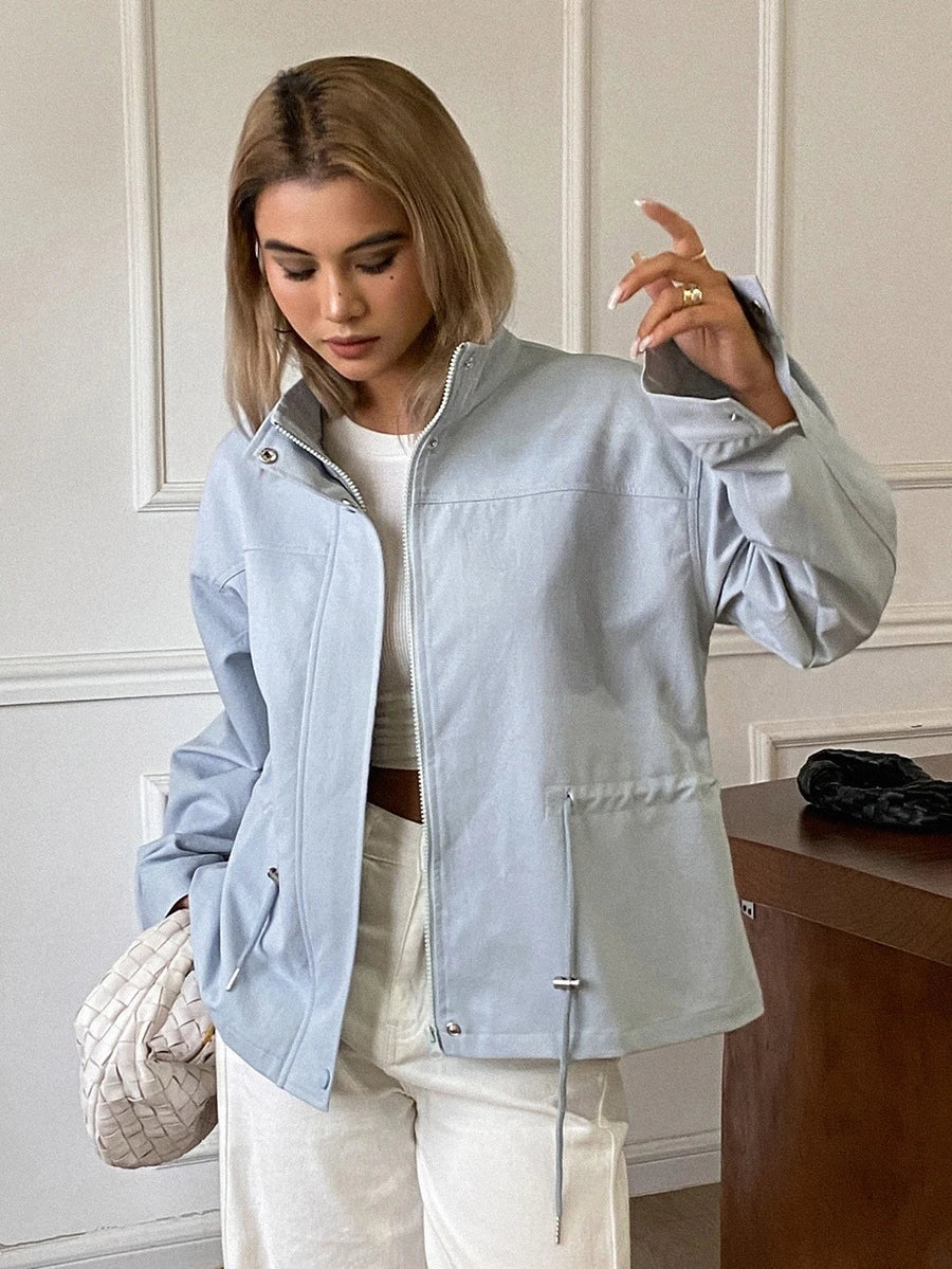 SHEIN Livesso جاكيت نسائي مطوي بلون أزرق بأكمام طويلة
