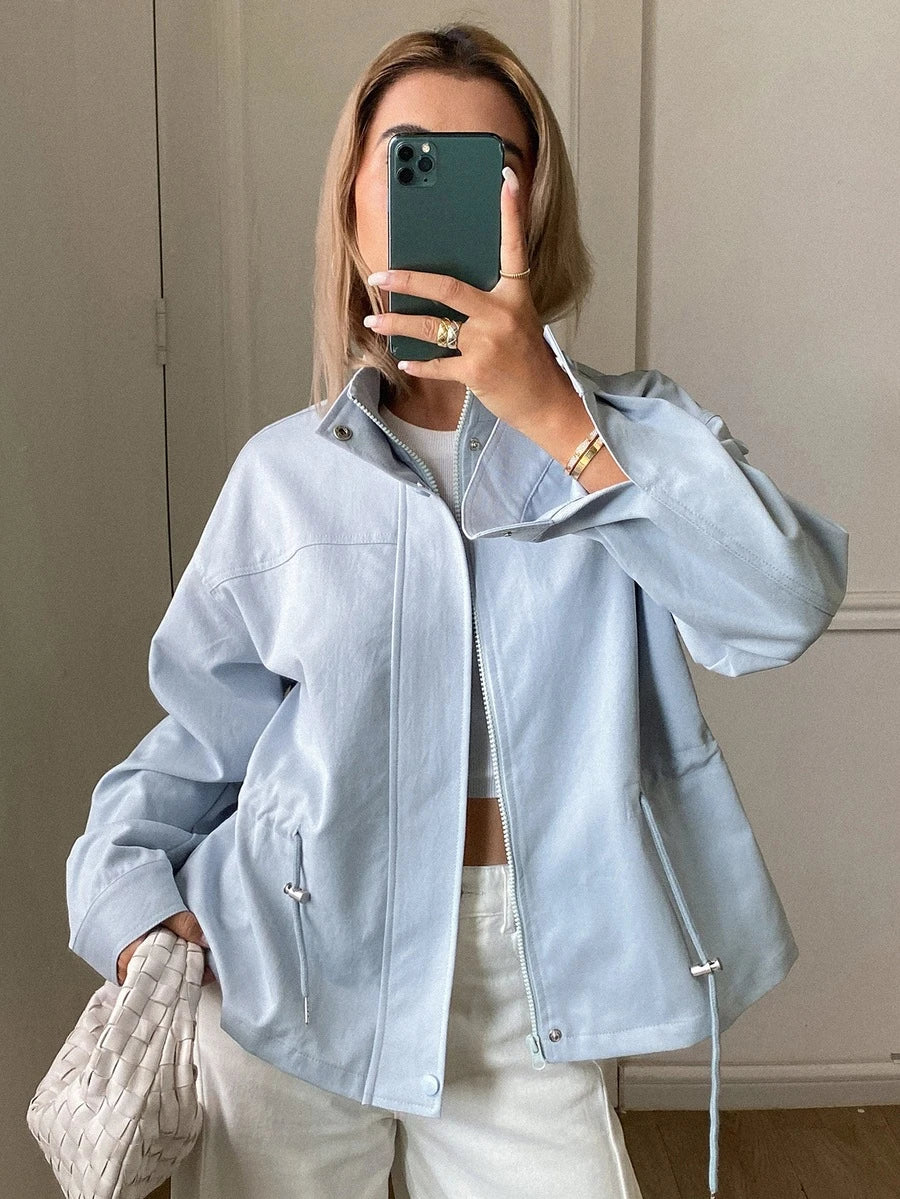 SHEIN Livesso جاكيت نسائي مطوي بلون أزرق بأكمام طويلة