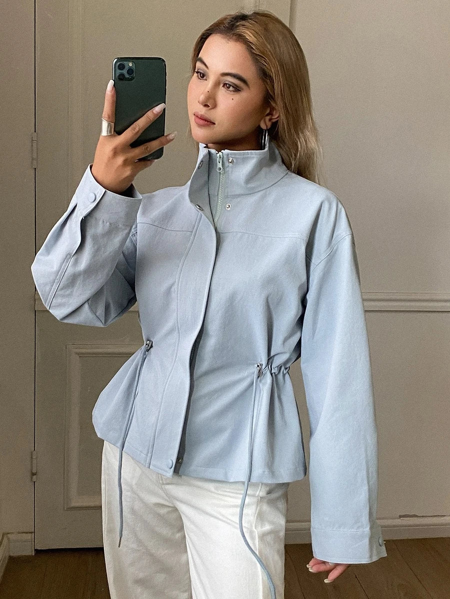 SHEIN Livesso جاكيت نسائي مطوي بلون أزرق بأكمام طويلة