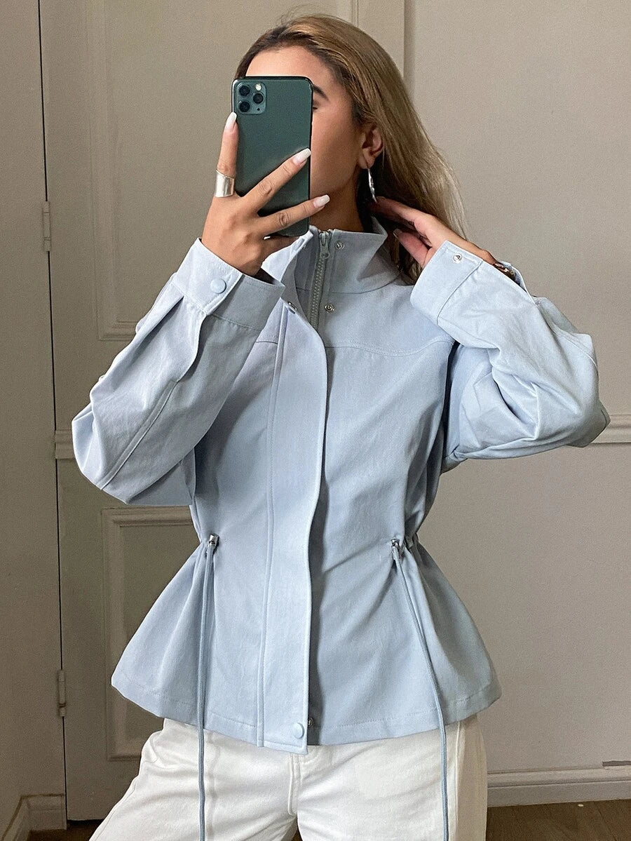 SHEIN Livesso جاكيت نسائي مطوي بلون أزرق بأكمام طويلة