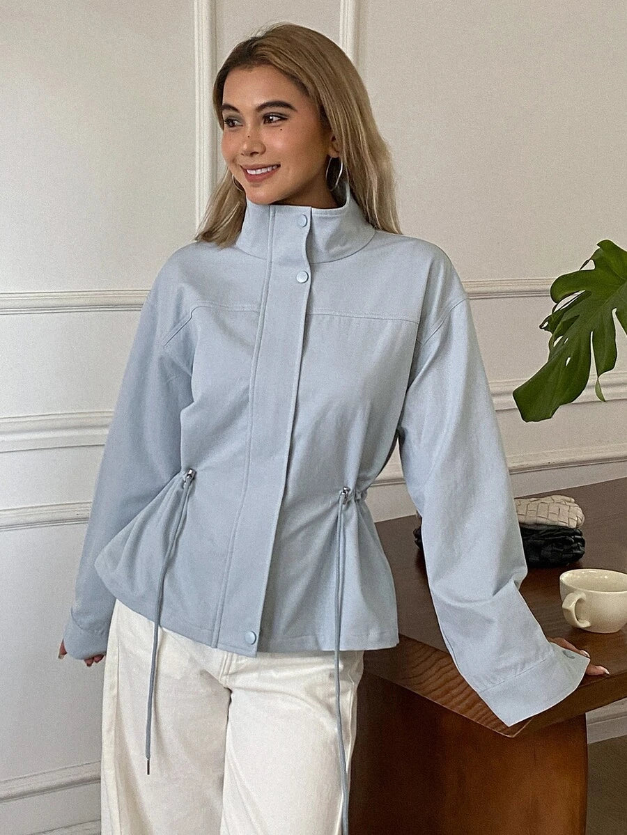 SHEIN Livesso جاكيت نسائي مطوي بلون أزرق بأكمام طويلة