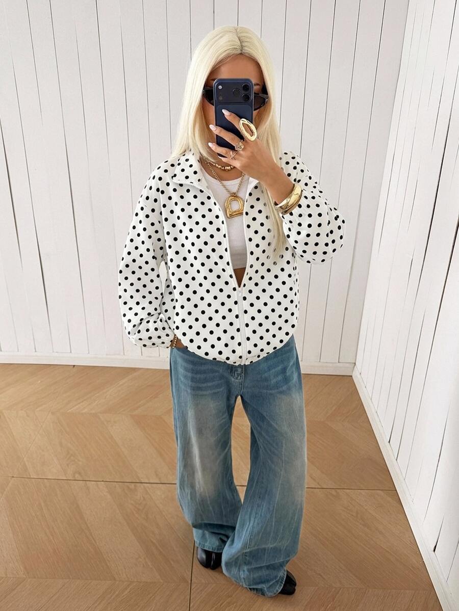 SHEIN EZwear جاكيت نسائي خفيف بسحاب ونقشة نقاط بولكا