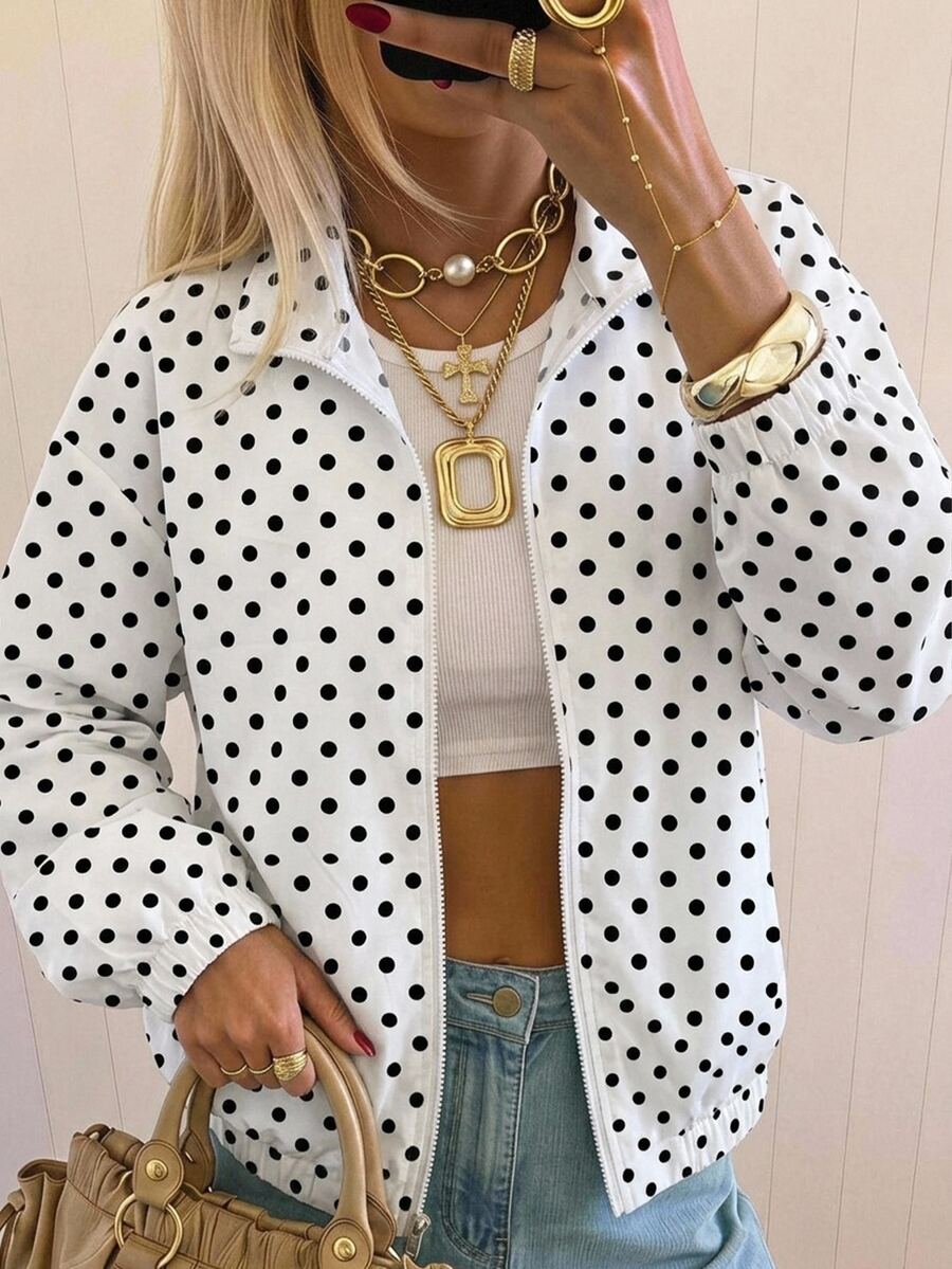 SHEIN EZwear جاكيت نسائي خفيف بسحاب ونقشة نقاط بولكا