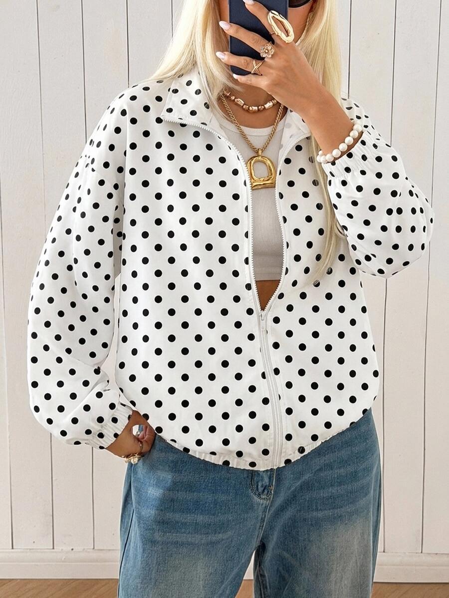 SHEIN EZwear جاكيت نسائي خفيف بسحاب ونقشة نقاط بولكا