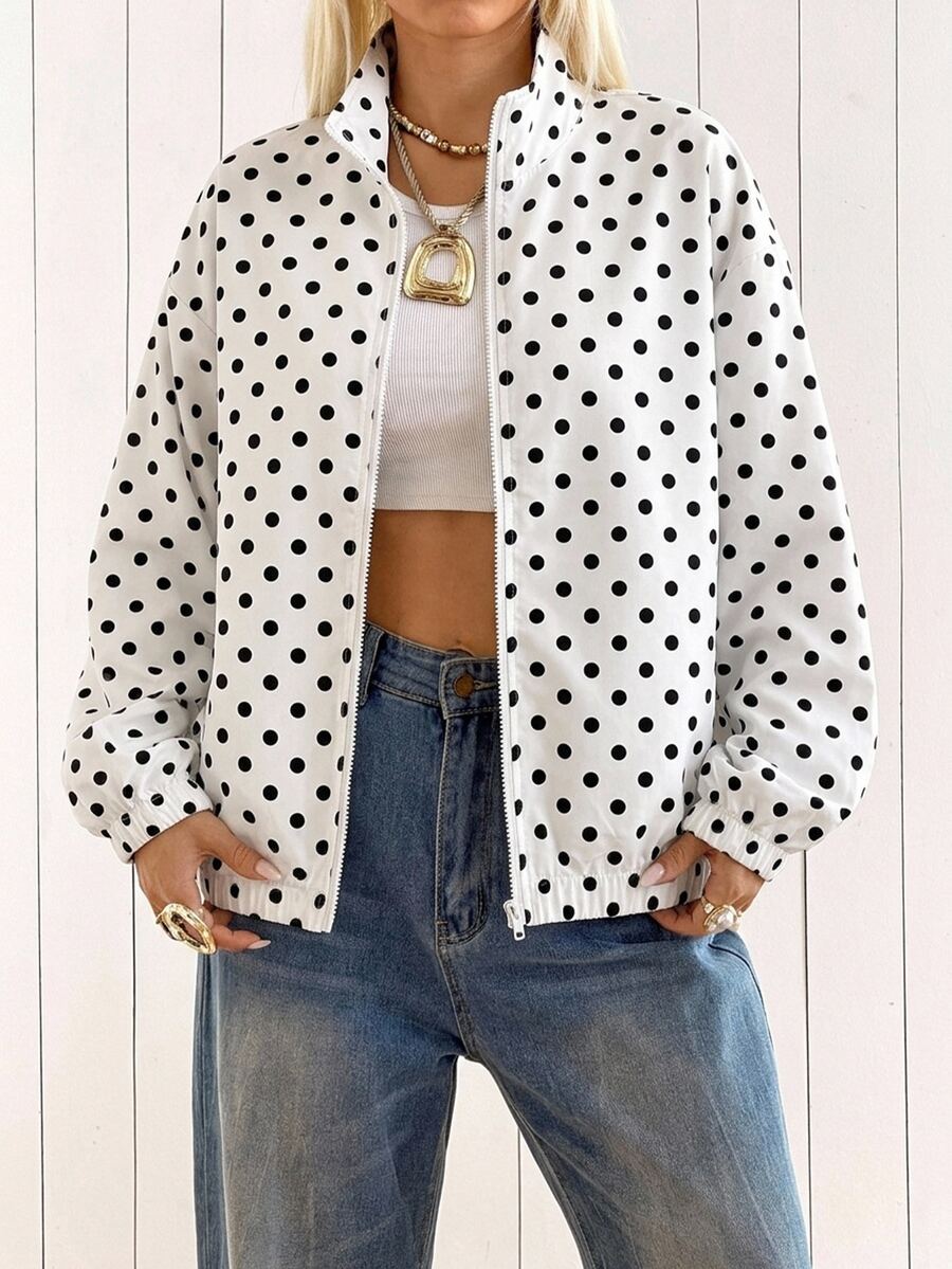 SHEIN EZwear جاكيت نسائي خفيف بسحاب ونقشة نقاط بولكا