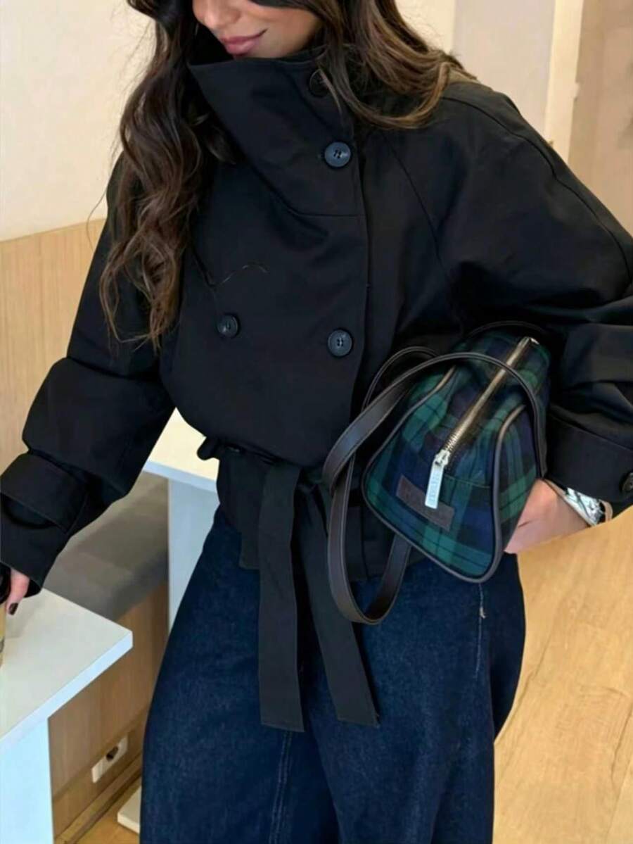 SHEIN معطف ترنش نسائي أسود مزدوج الصدر بأكتاف منسدلة