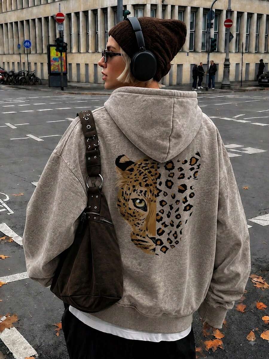 SHEIN هودي نسائي مبطن بالفليس بطبعة نمر