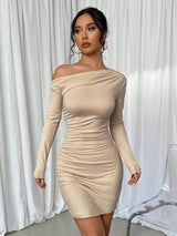 SHEIN Elenzga فستان مشمشي مطوي بكتف غير متماثل وأكمام طويلة