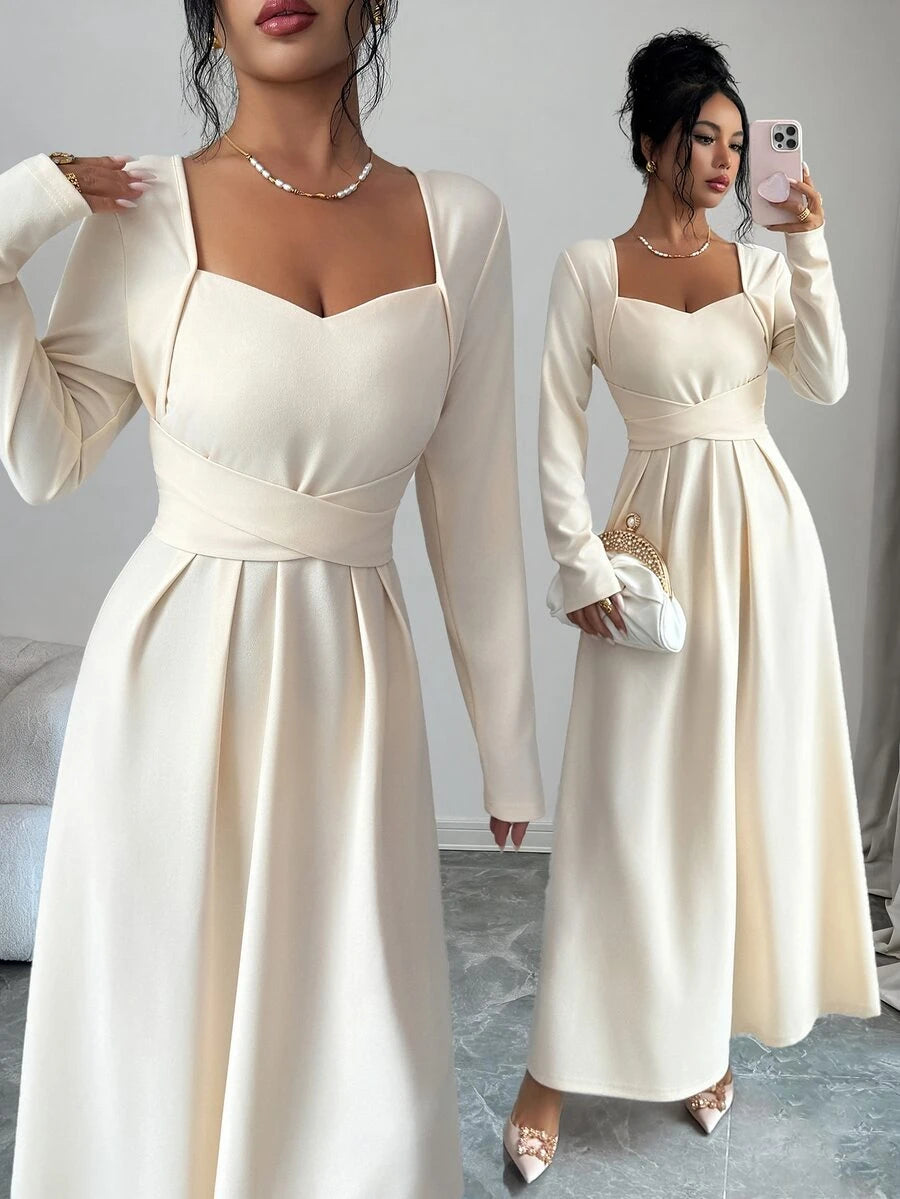 SHEIN Elenzga فستان بلون مشمشي بياقة قلب وأكمام طويلة وخصر متقاطع