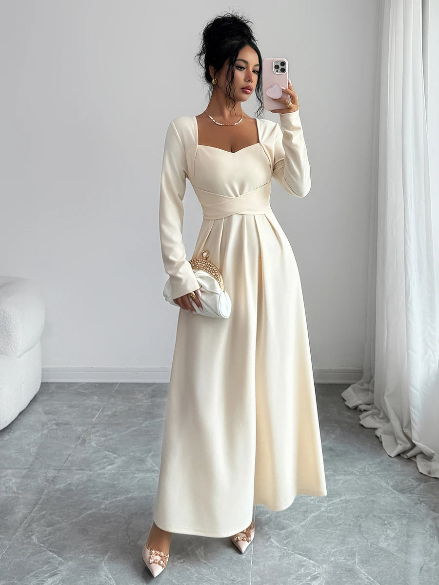 SHEIN Elenzga فستان بلون مشمشي بياقة قلب وأكمام طويلة وخصر متقاطع
