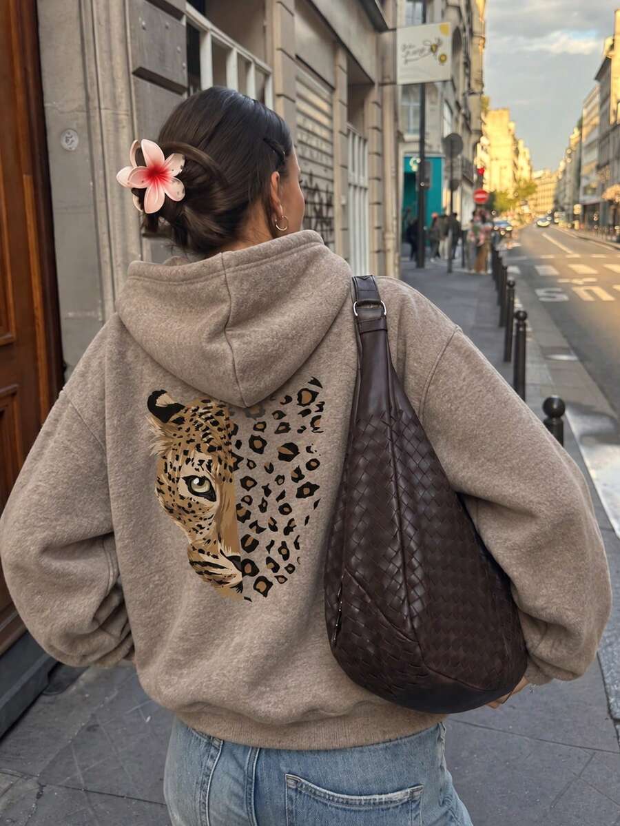 SHEIN هودي نسائي مبطن بالفليس بطبعة نمر