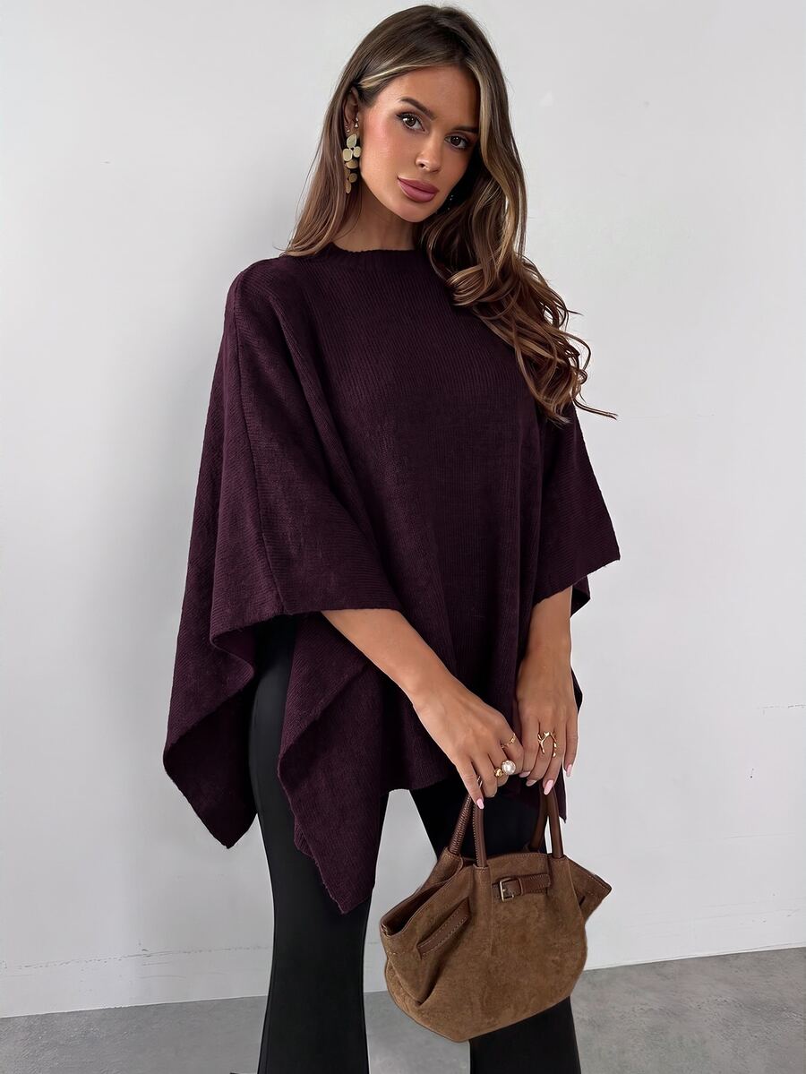 SHEIN Firerie كنزة كيب محبوكة بقصة فضفاضة بلون عنابي