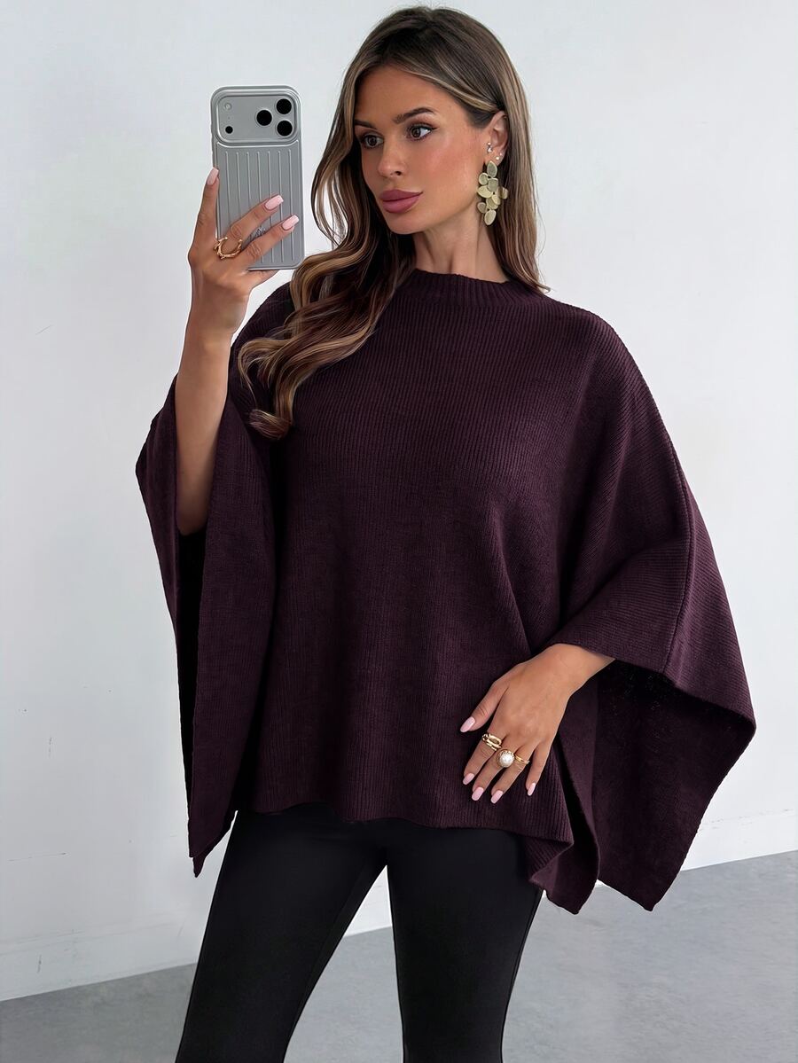 SHEIN Firerie كنزة كيب محبوكة بقصة فضفاضة بلون عنابي