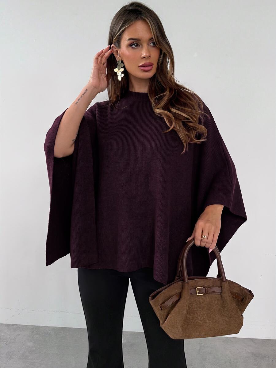 SHEIN Firerie كنزة كيب محبوكة بقصة فضفاضة بلون عنابي