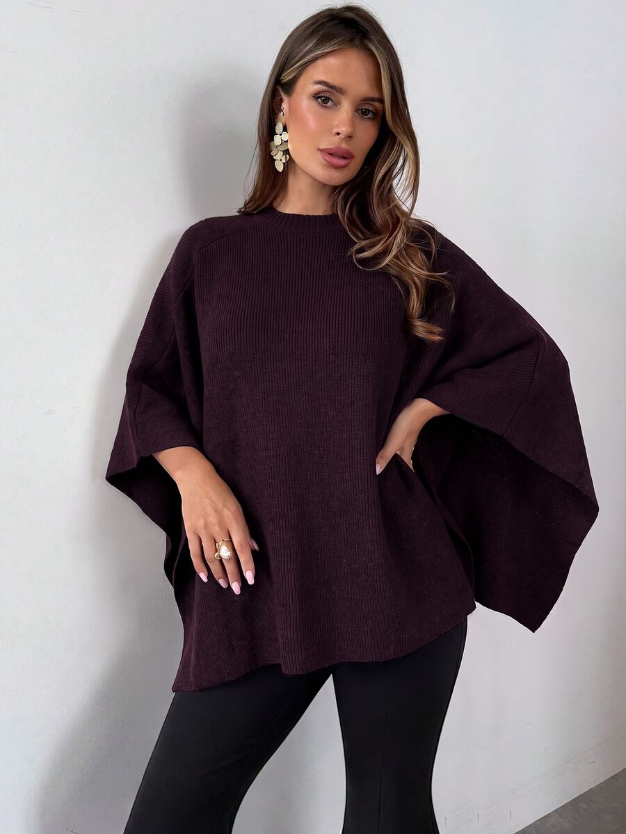 SHEIN Firerie كنزة كيب محبوكة بقصة فضفاضة بلون عنابي