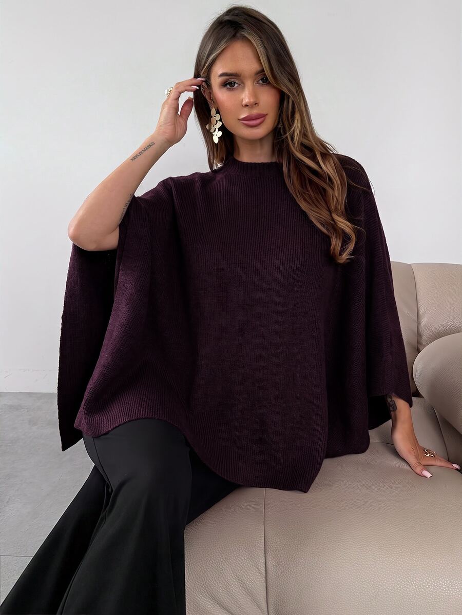 SHEIN Firerie كنزة كيب محبوكة بقصة فضفاضة بلون عنابي