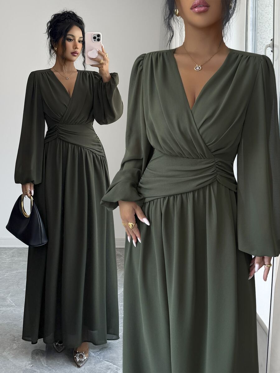 SHEIN Elenzga فستان شيفون بلون أخضر عسكري طويل بياقة متباينة وأكمام فانوس