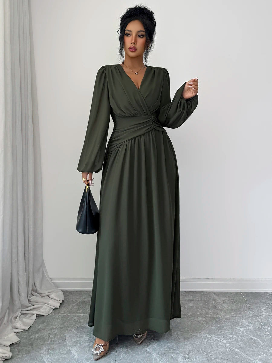 SHEIN Elenzga فستان شيفون بلون أخضر عسكري طويل بياقة متباينة وأكمام فانوس