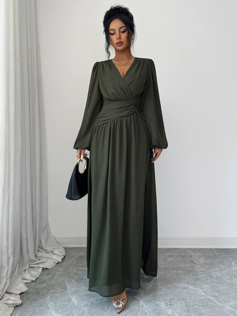 SHEIN Elenzga فستان شيفون بلون أخضر عسكري طويل بياقة متباينة وأكمام فانوس
