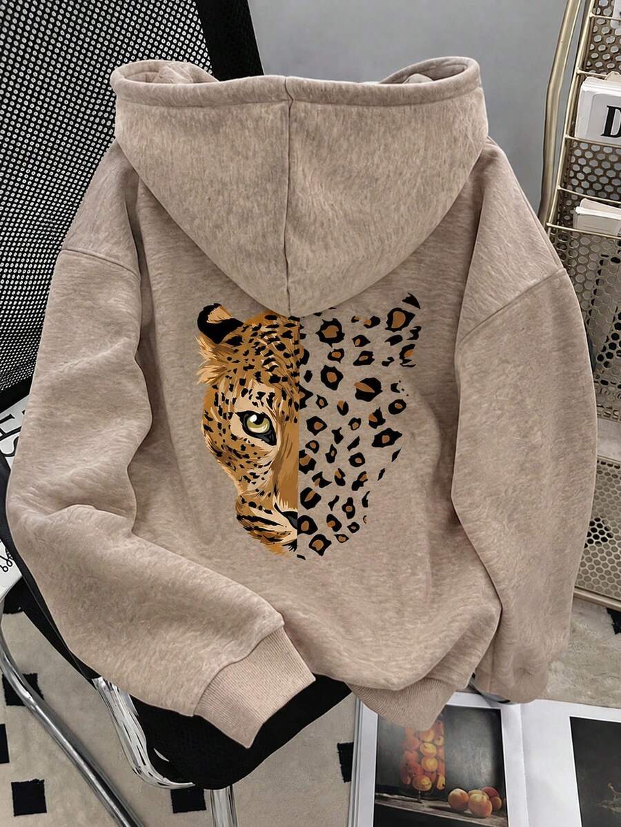 SHEIN هودي نسائي مبطن بالفليس بطبعة نمر