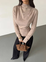 SHEIN Firerie كنزة محبوكة بياقة عالية وأكمام طويلة بلون كاكي