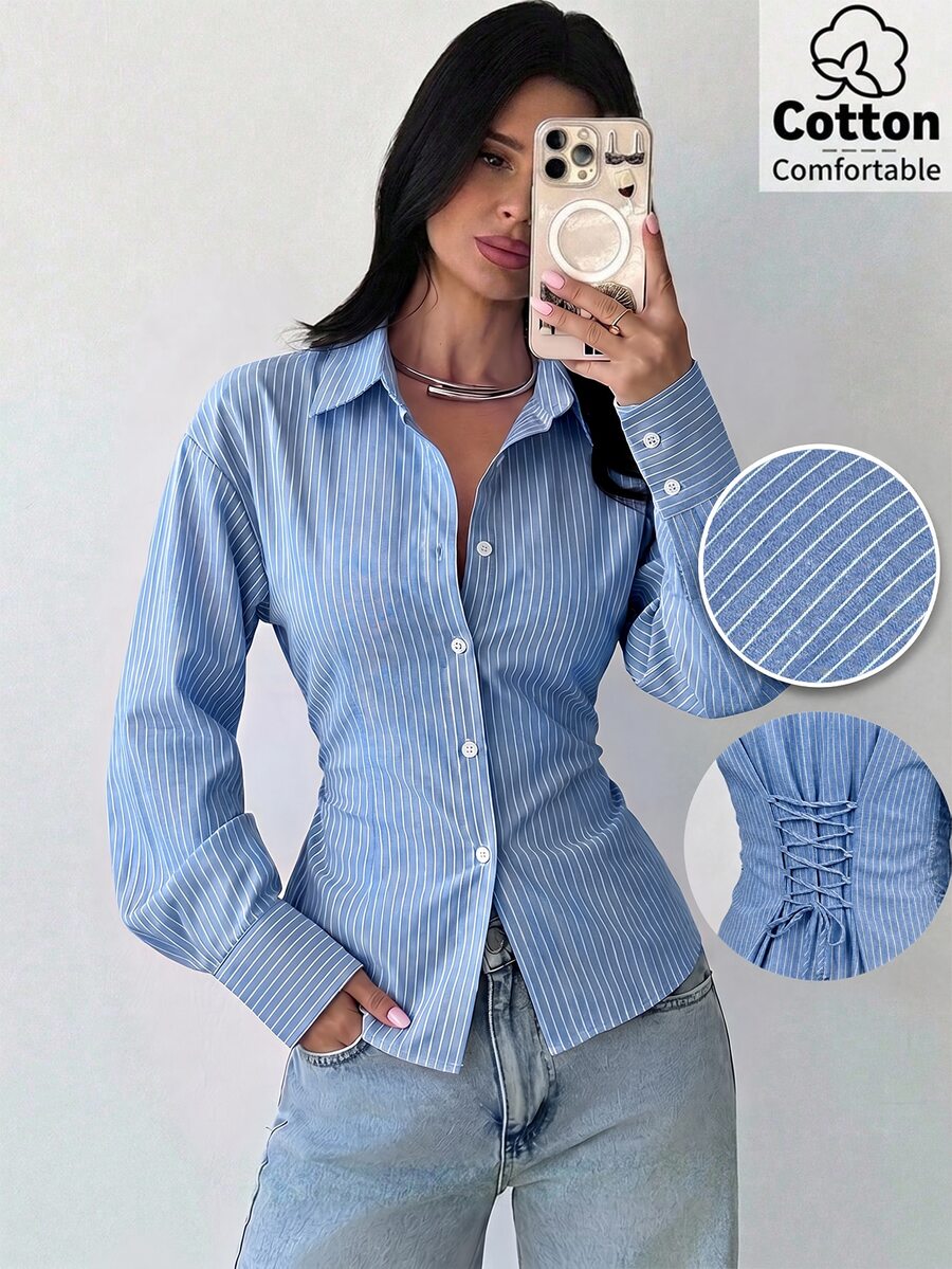 SHEIN Firerie قميص نسائي أزرق مخطط بأكمام طويلة ورباط خلفي
