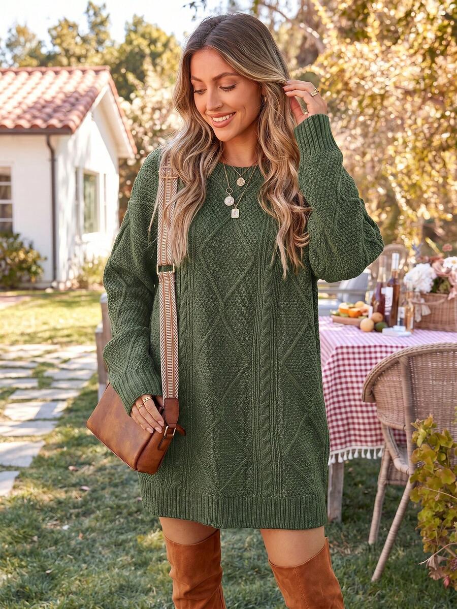 SHEIN Acelitt فستان بلون أخضر زيتوني محبوك بنقشة بارزة وأكتاف منسدلة