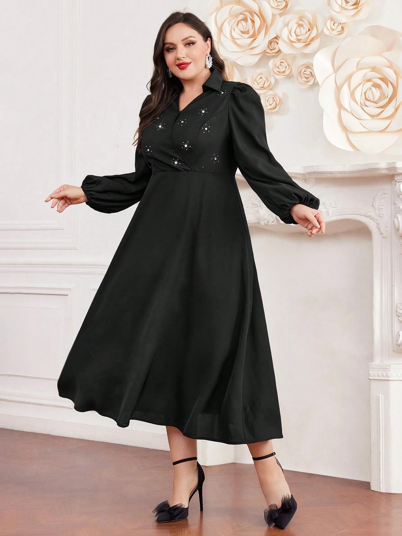 Modely plus Size Crystal Embellished Lantern Sleeves Dress (Belt Not Included)