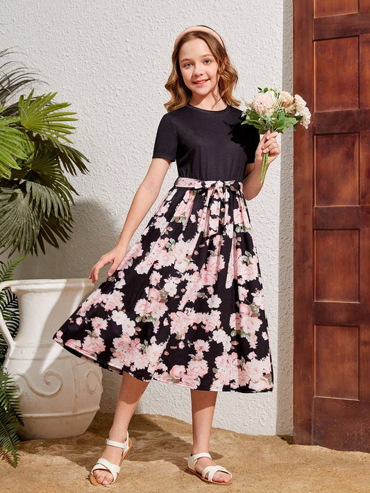 SHEIN Kids فستان بنات كاجوال متكامل بأكمام مستديرة وطبعات زهور مشتركة لفتيات المراهقات