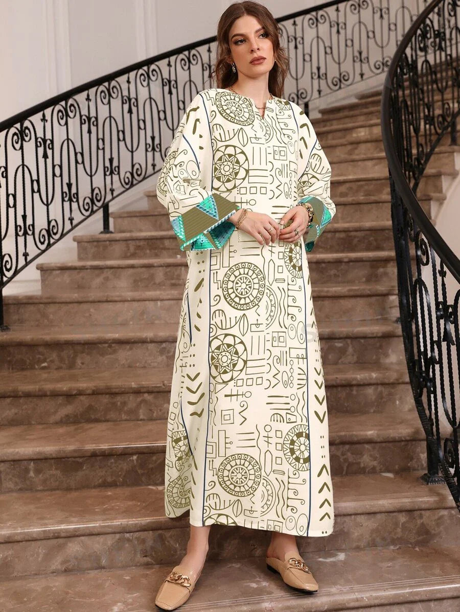 SHEIN Najma قفطان طباعة شامل خط عنق مفتوح اكمام جناح الخفاش