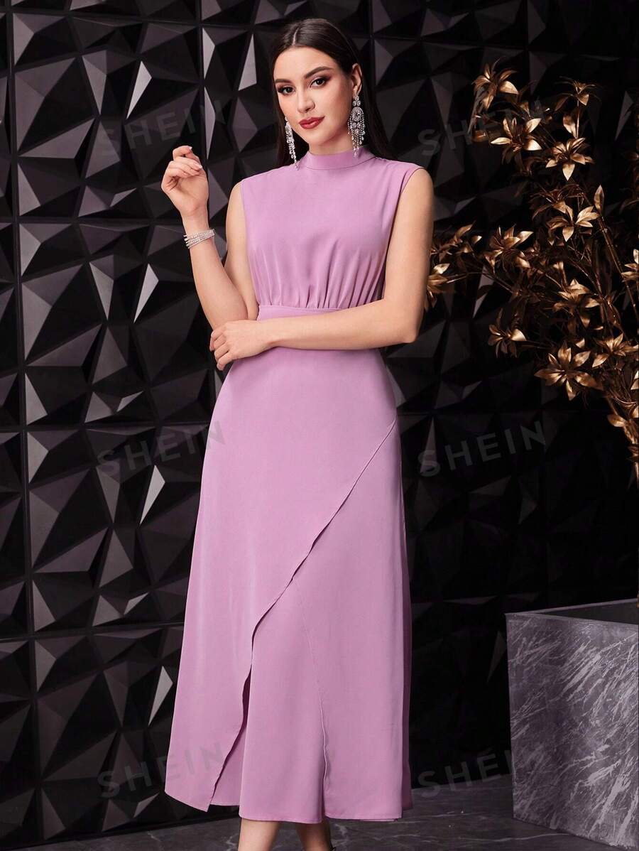 SHEIN Modely فستان نسائي بياقة متوسطة الارتفاع بلون صامد وسترة عادية شفافة بنفسجيتين