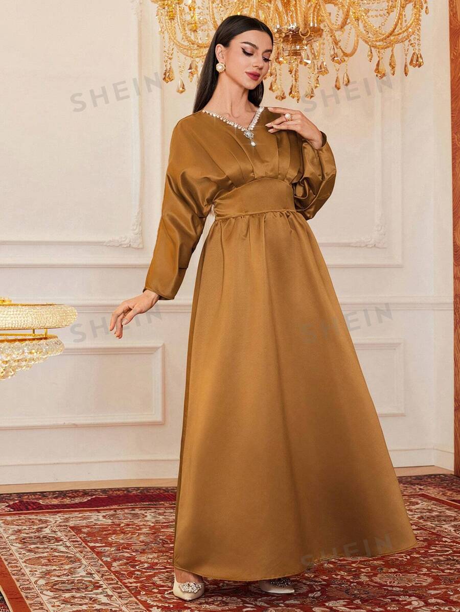 SHEIN Modely فستان نسائي بأكمام الخفاش مزين بخرز اللؤلؤ، فستان سهرة أنيق بطول ماكسي