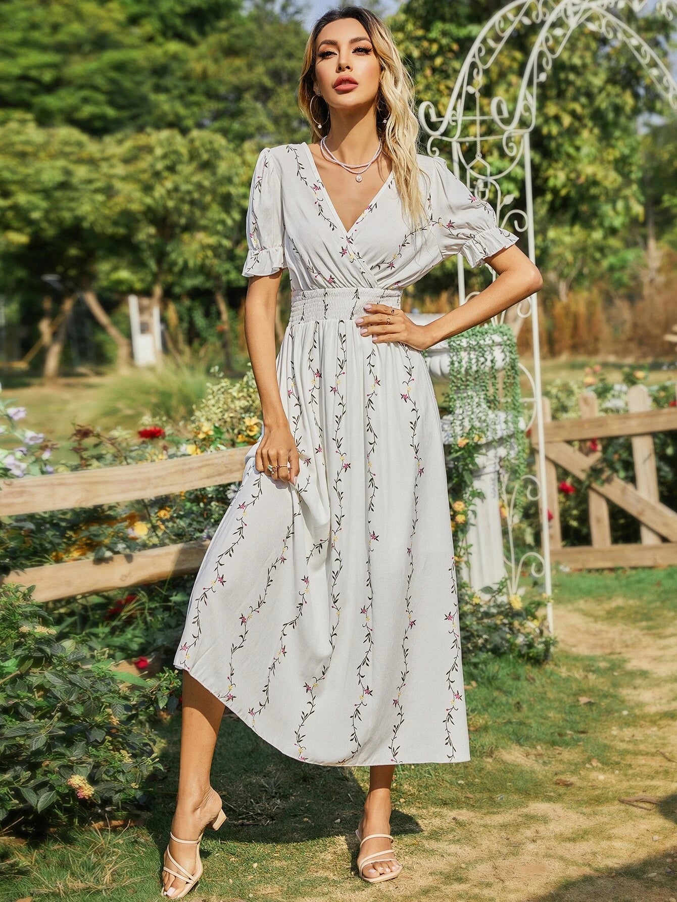 Mulvari Plants Print Surplice Front Shirred Waist Dress