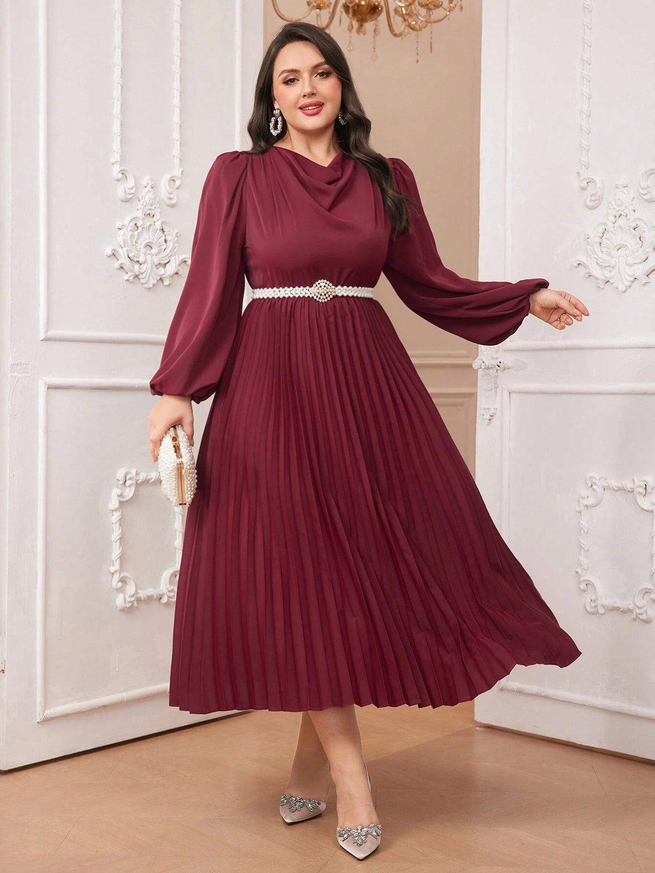 Modely plus Size Solid Color Draped Collar Lantern Sleeve Dress