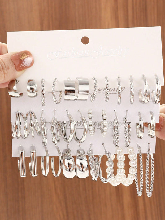 36Pcs/Set Faux Pearl Decor Earrings 48Pcs Multi-Element Metal Earrings Set Women'S Fine Jewelry Birthday Gift