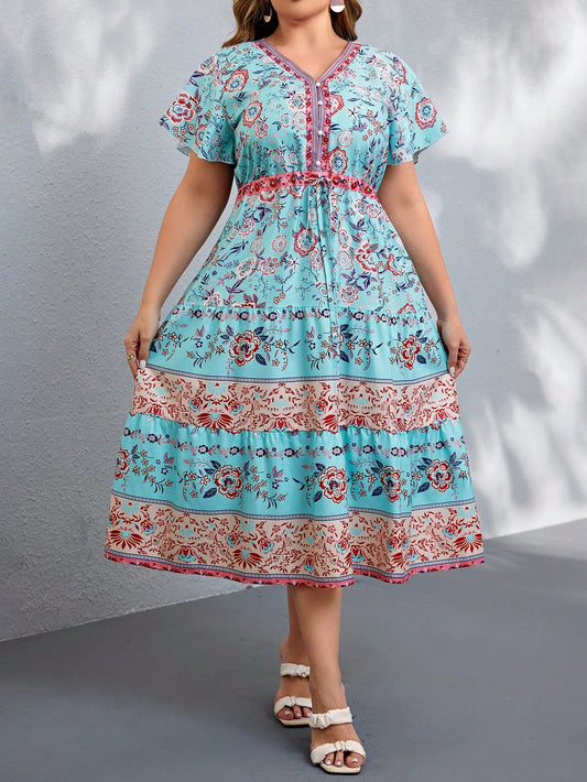 VCAY plus Size Random Printed V-Neck Dress