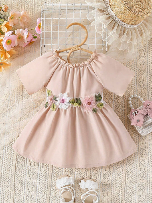 Baby Girl Floral Appliques Frill Trim off Shoulder Dress