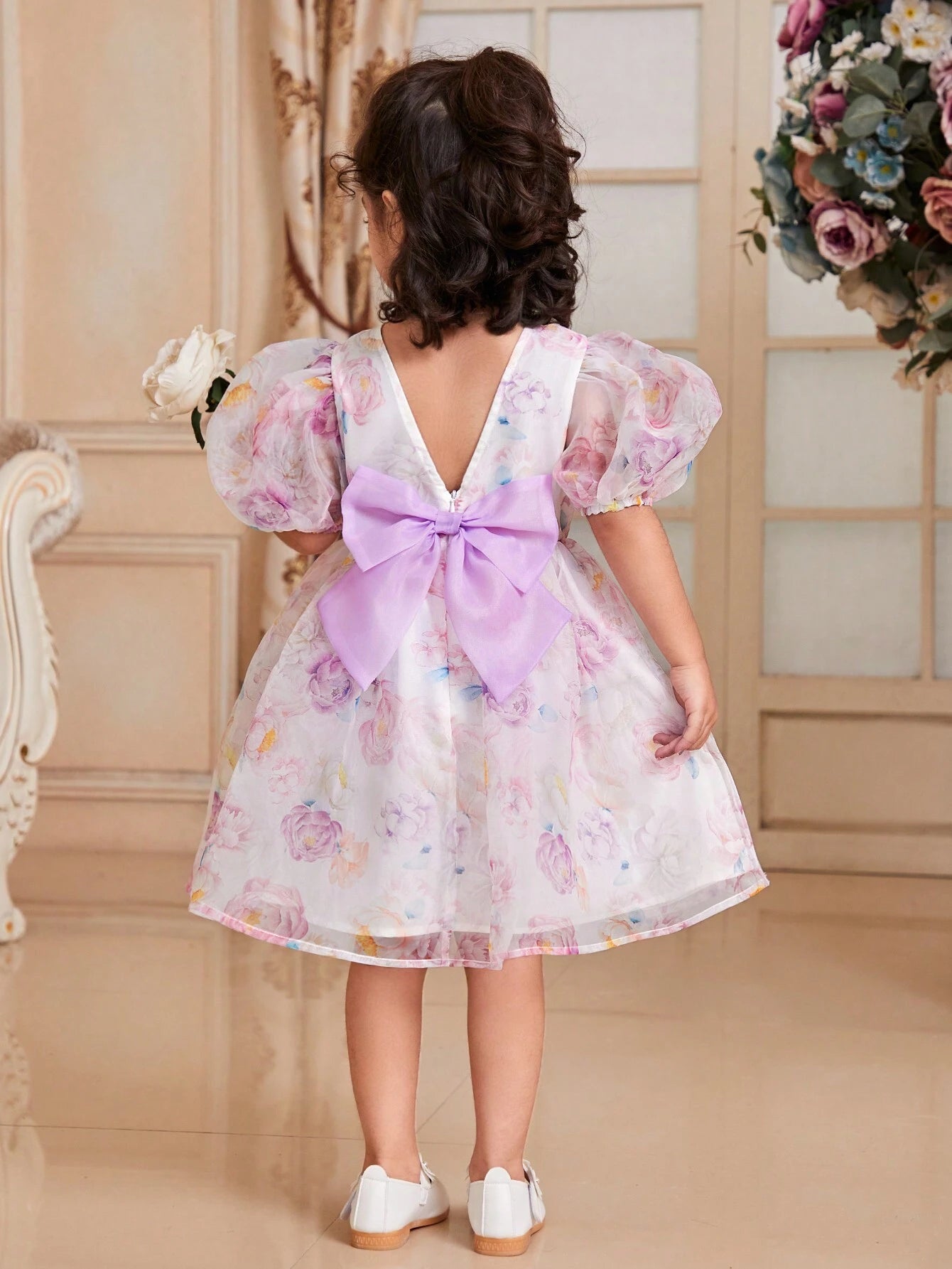 Young Girls' Elegant round Neck Puff Sleeve Organza Floral Print 3D Flower Dress