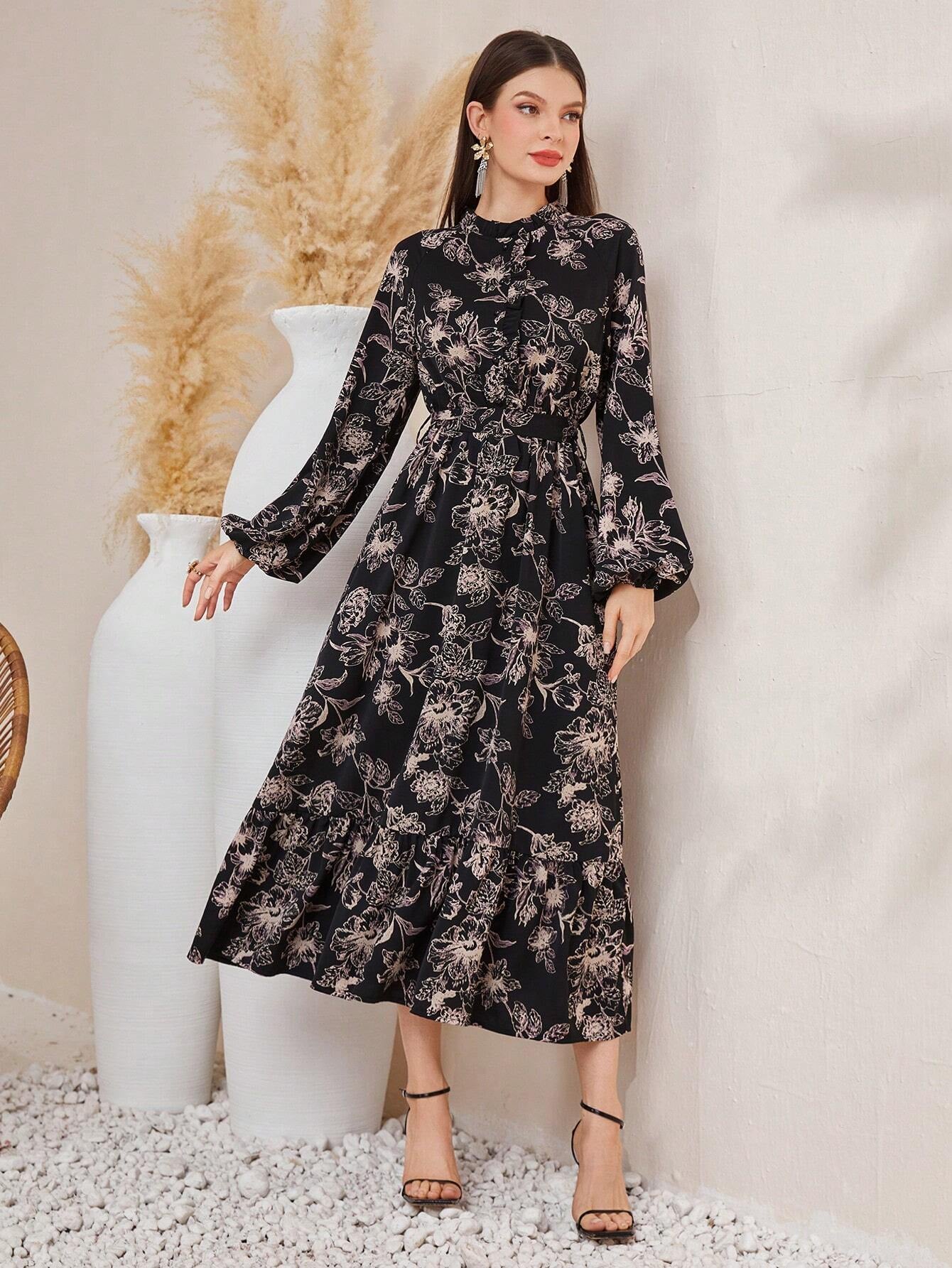 Modely Women'S Lantern Sleeve Dress with Floral Print