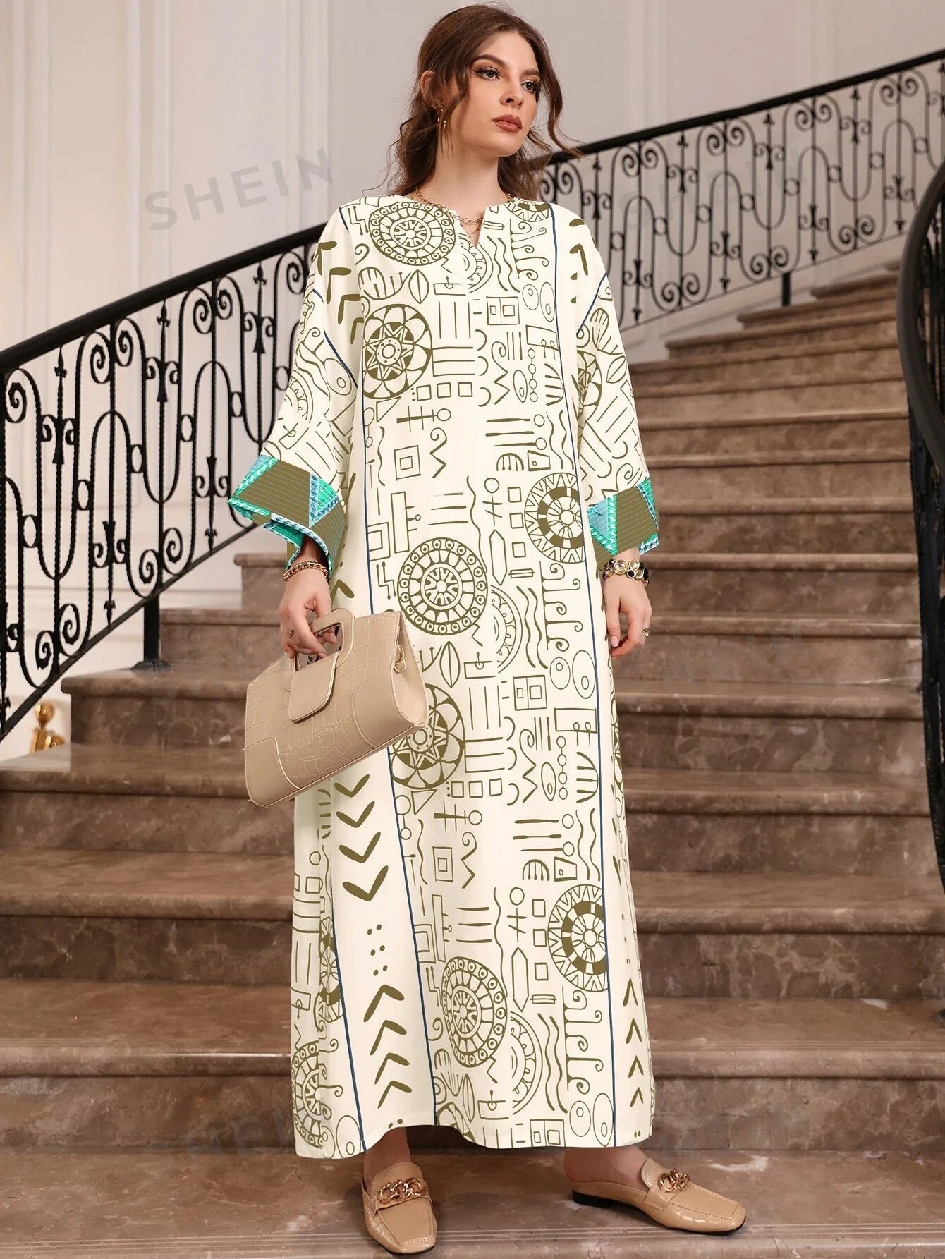 SHEIN Najma قفطان طباعة شامل خط عنق مفتوح اكمام جناح الخفاش