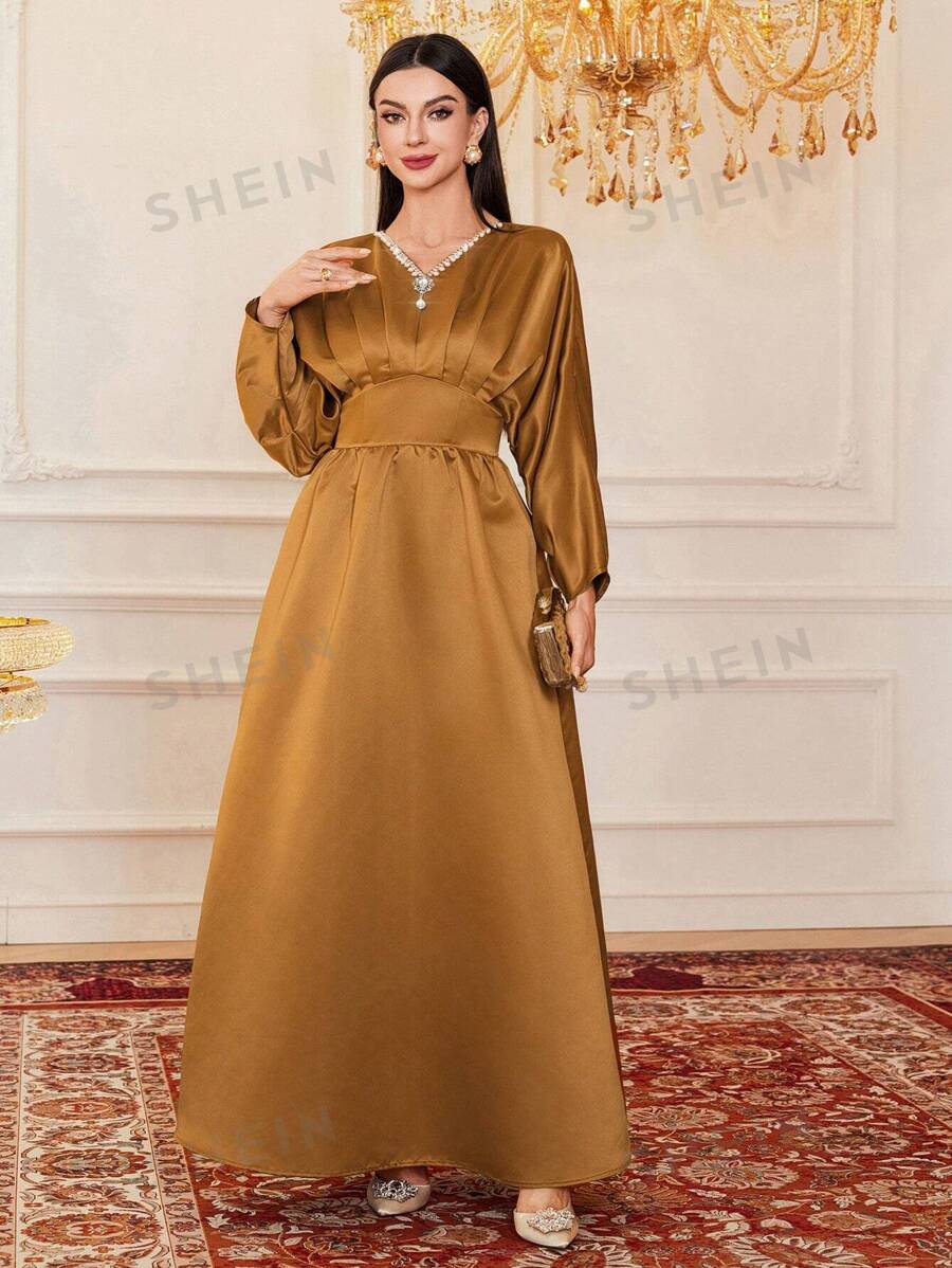 SHEIN Modely فستان نسائي بأكمام الخفاش مزين بخرز اللؤلؤ، فستان سهرة أنيق بطول ماكسي