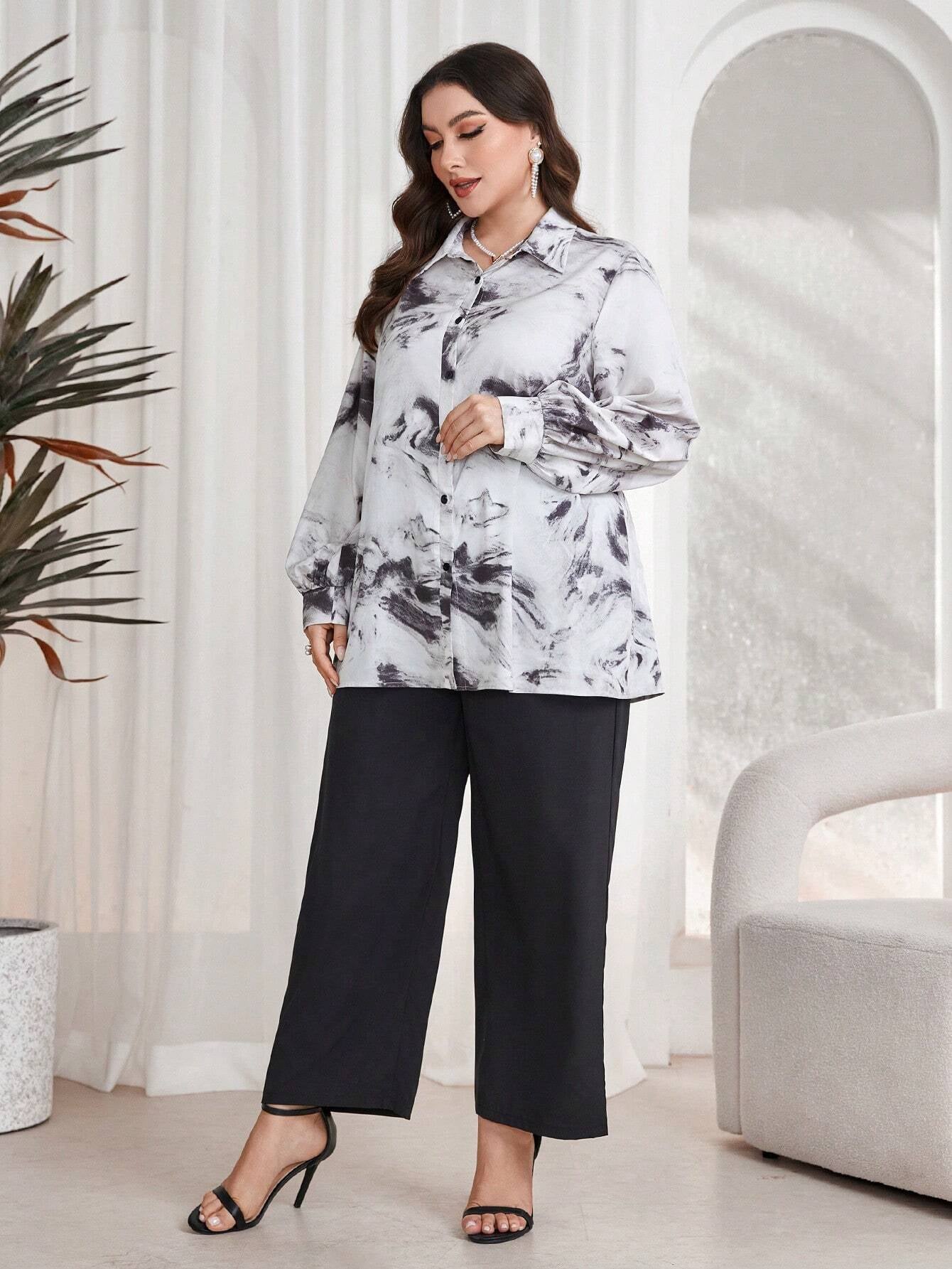 Mulvari plus Size Women'S Tie Dye Turn down Collar Shirt and Long Pants Two Piece Set