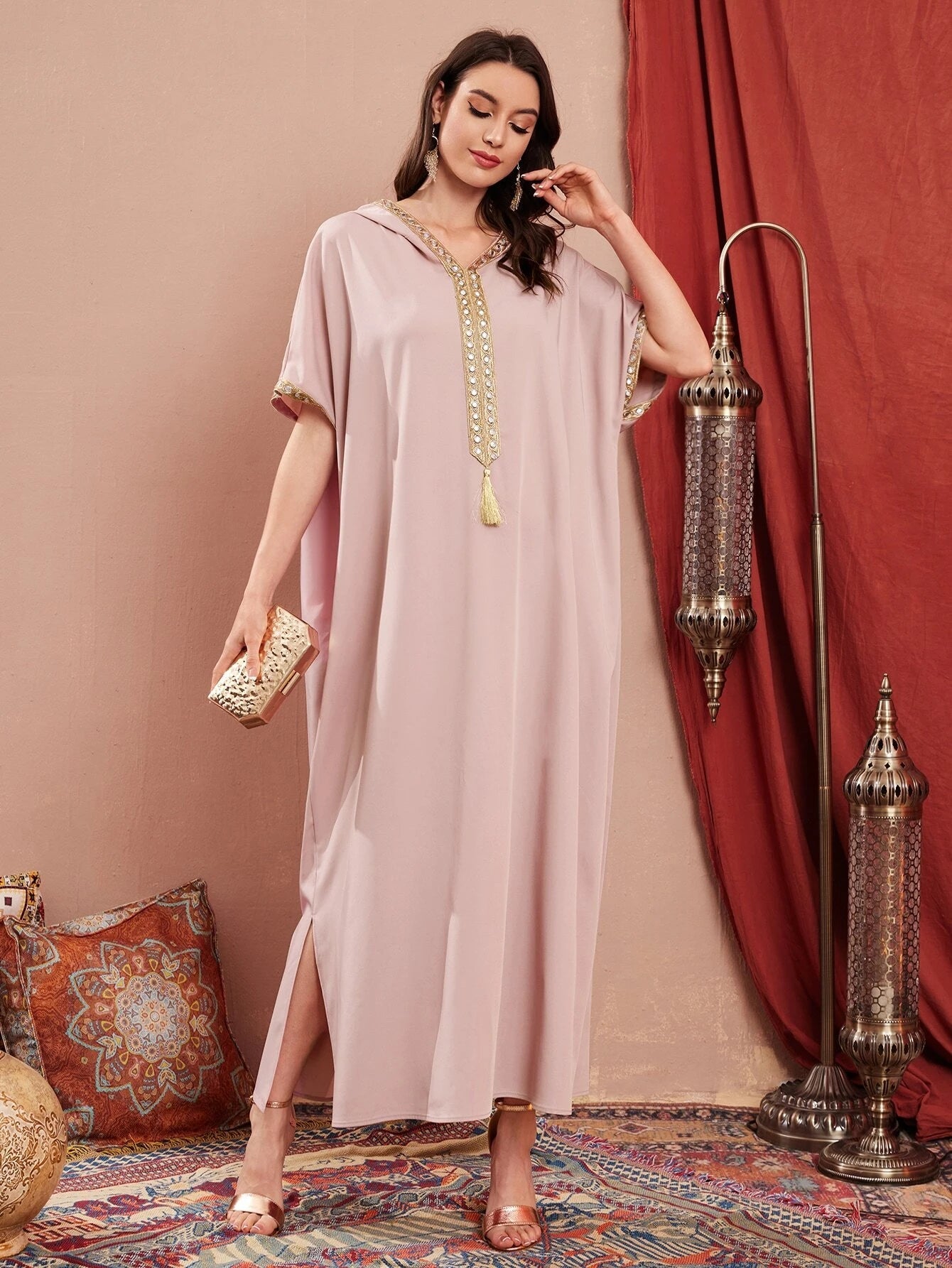 Najma Contrast Embroidered Trim Split Hem Kaftan
