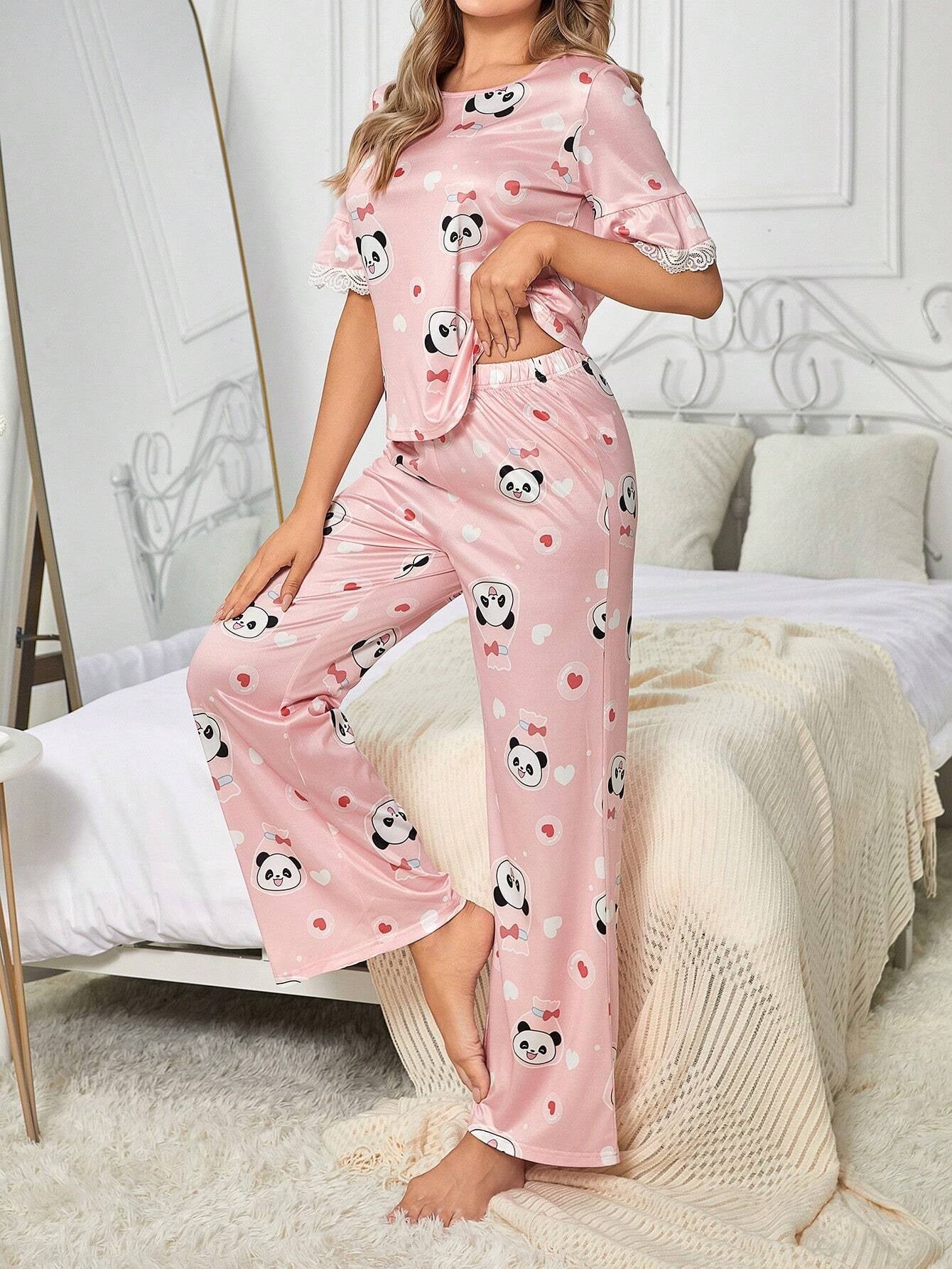 Women'S Cartoon Panda Print Lace Splice Pajama Set