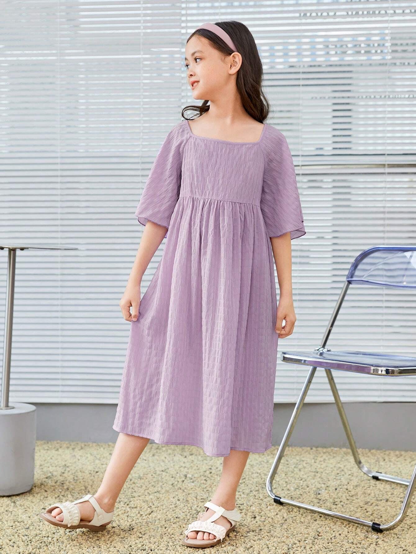 Tween Girl Solid Loose-Fit Elegant Dress with Square Neckline, Cap Sleeves, Suitable for Spring & Summer