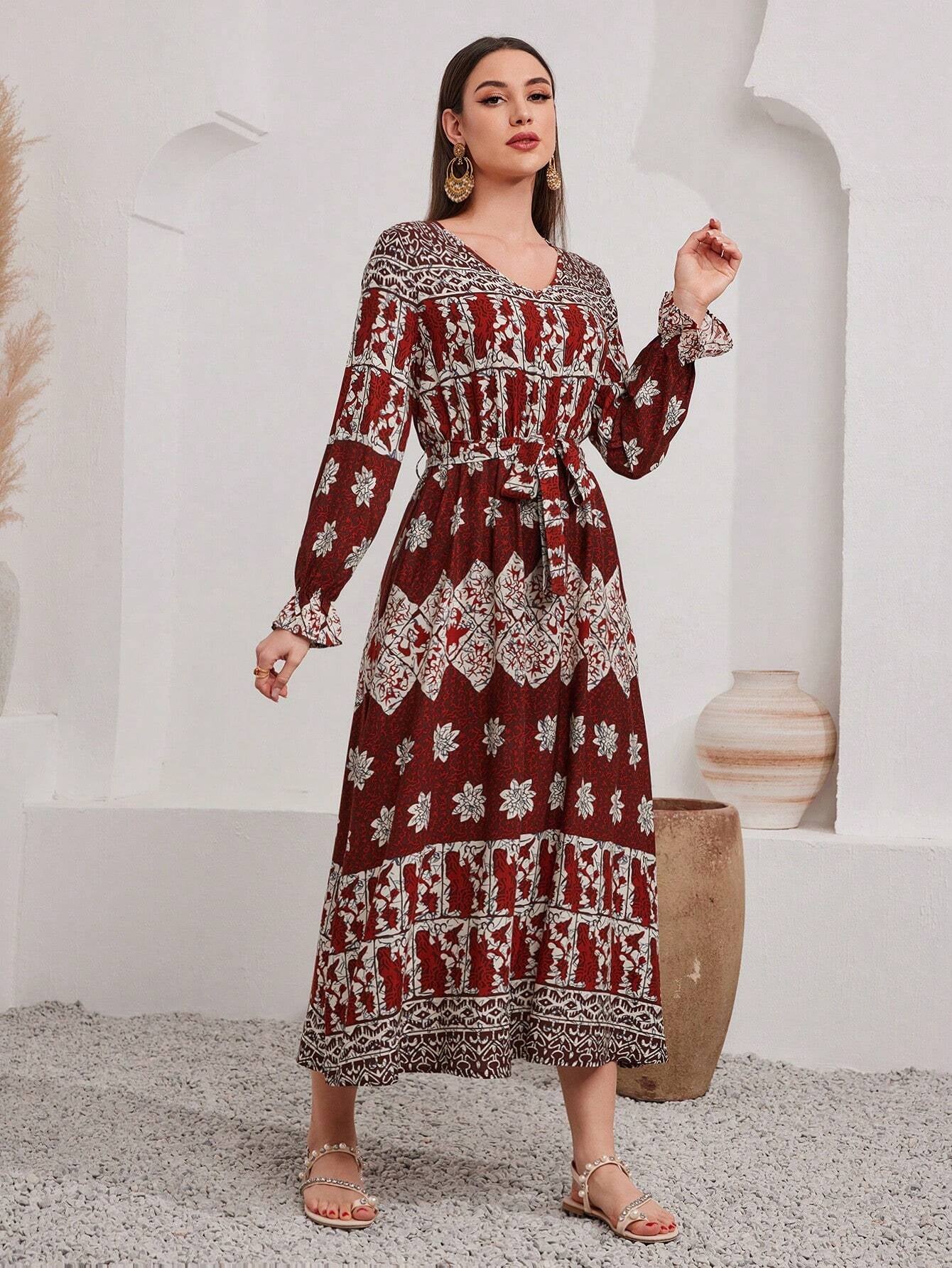 Mulvari Full Printed Long Sleeve Belted Dress