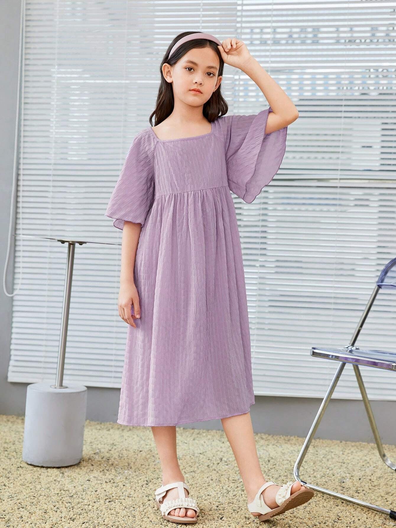 Tween Girl Solid Loose-Fit Elegant Dress with Square Neckline, Cap Sleeves, Suitable for Spring & Summer